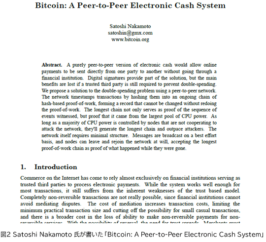 図2 Satoshi Nakamoto 氏が書いた「Bitcoin: A Peer-to-Peer Electronic Cash System」